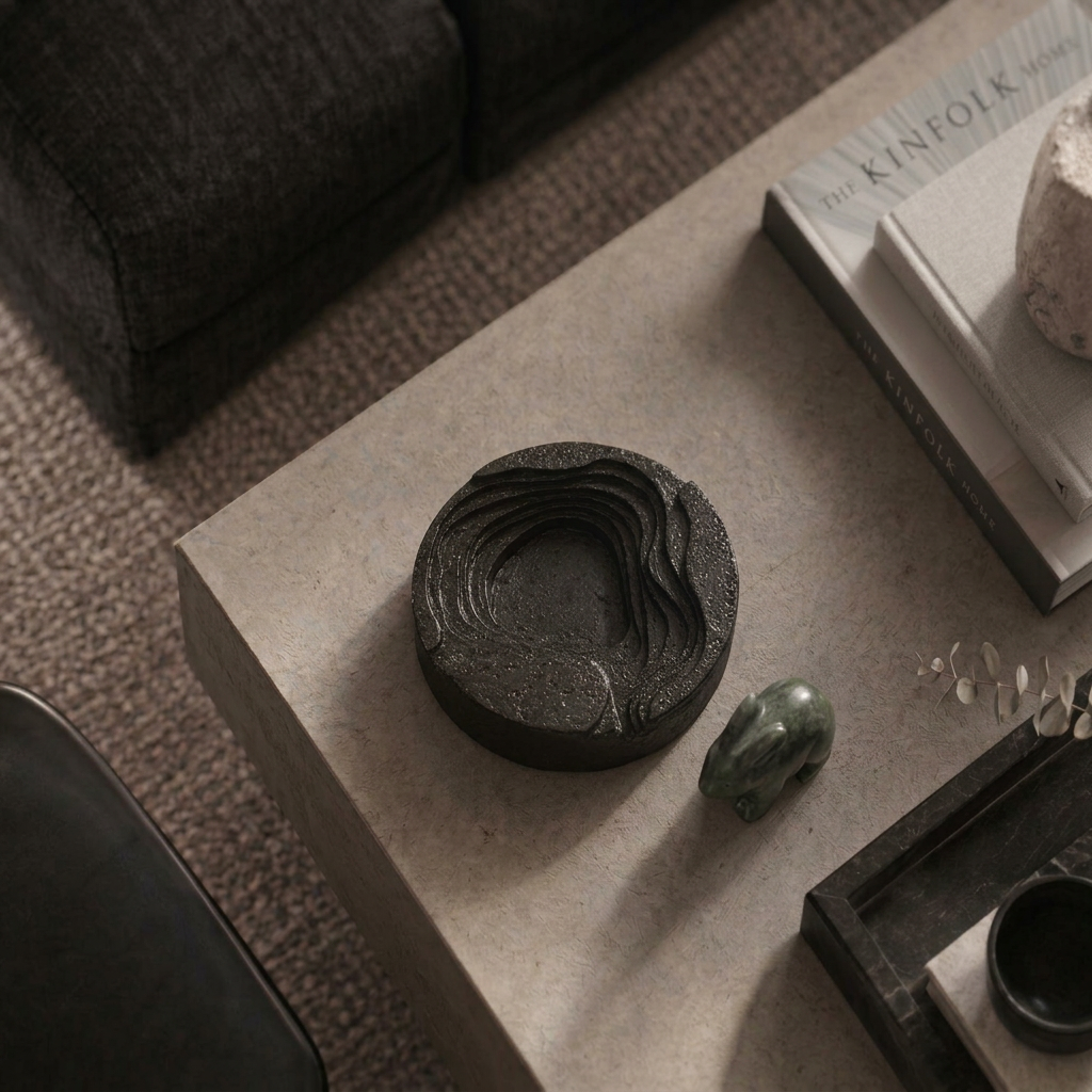 Actual ashtray recreated in a minimalist coffee-table setting