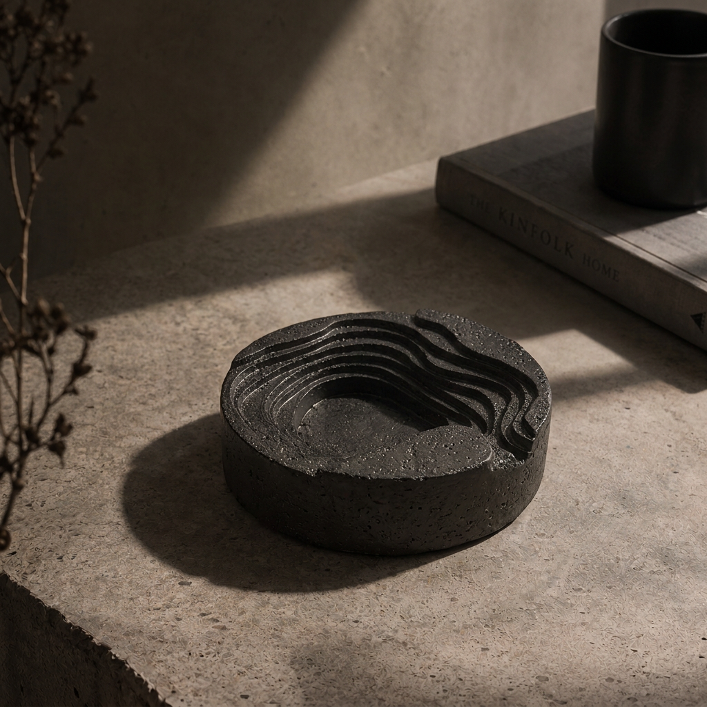 Compact ashtray in a sunlit brutalist concrete setting
